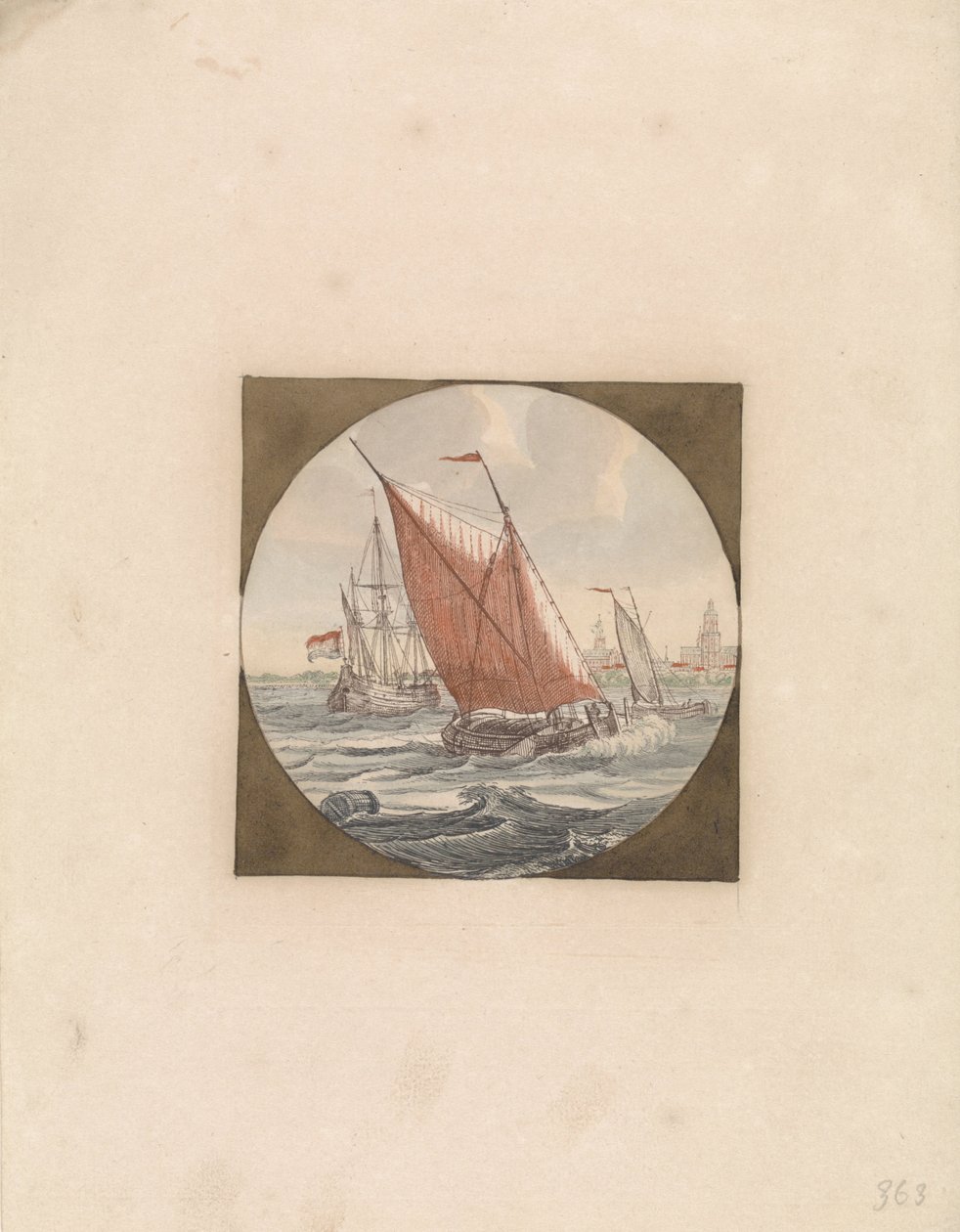 Three Sailing Ships at Sea and a City on the Coast by Anonymous