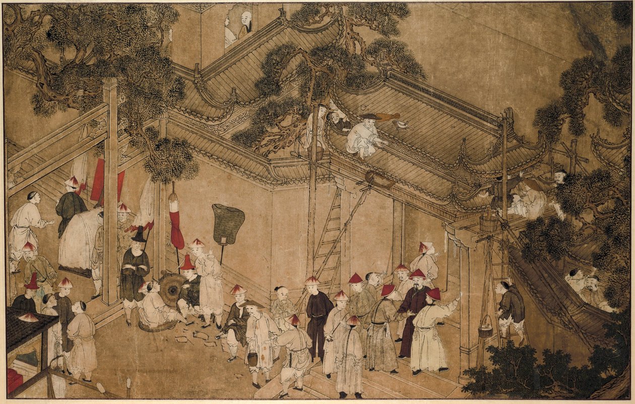 A temple with construction workers at work by Anonymous