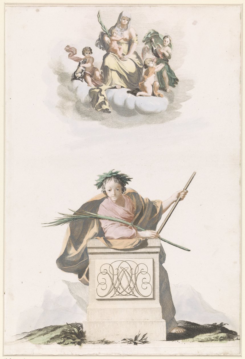 Figure Leaning on a Stone Pillar with Initials and Mary on the Clouds by Anonymous