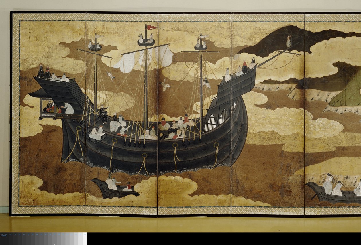Folding Screen with the Arrival of a Portuguese Ship by Anonymous