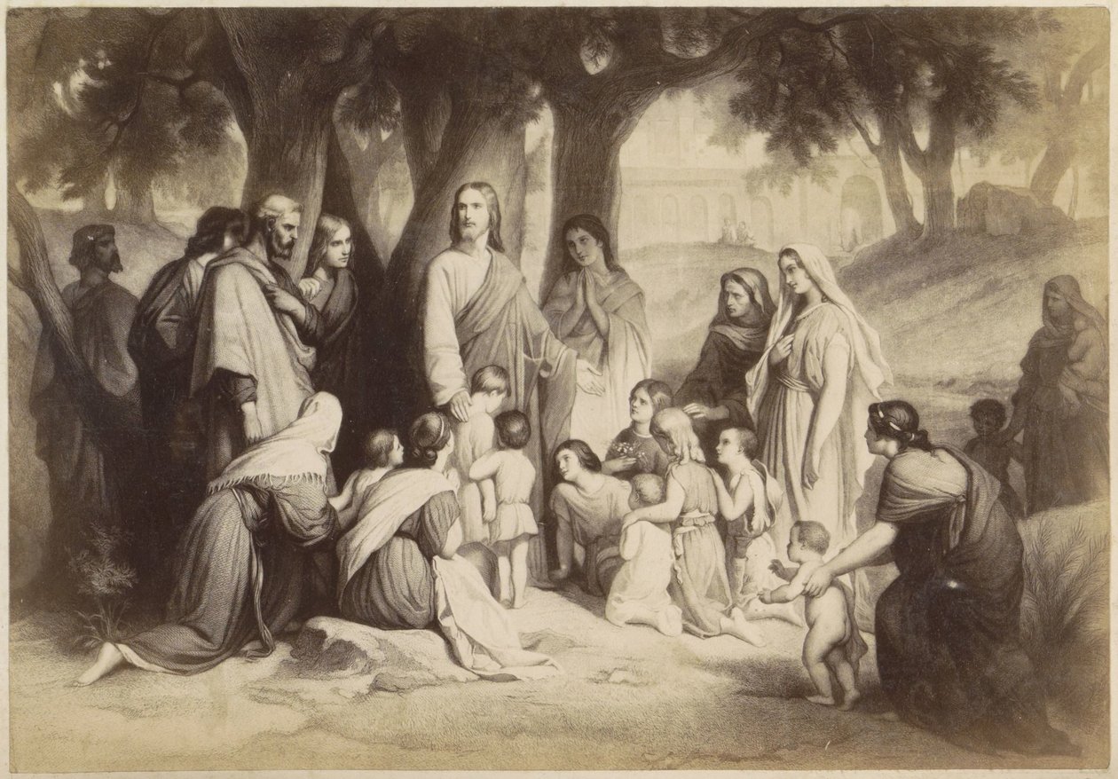 Photoreproduction of (presumably) a print of Jesus with children (Let the children come to me) by Anonymous