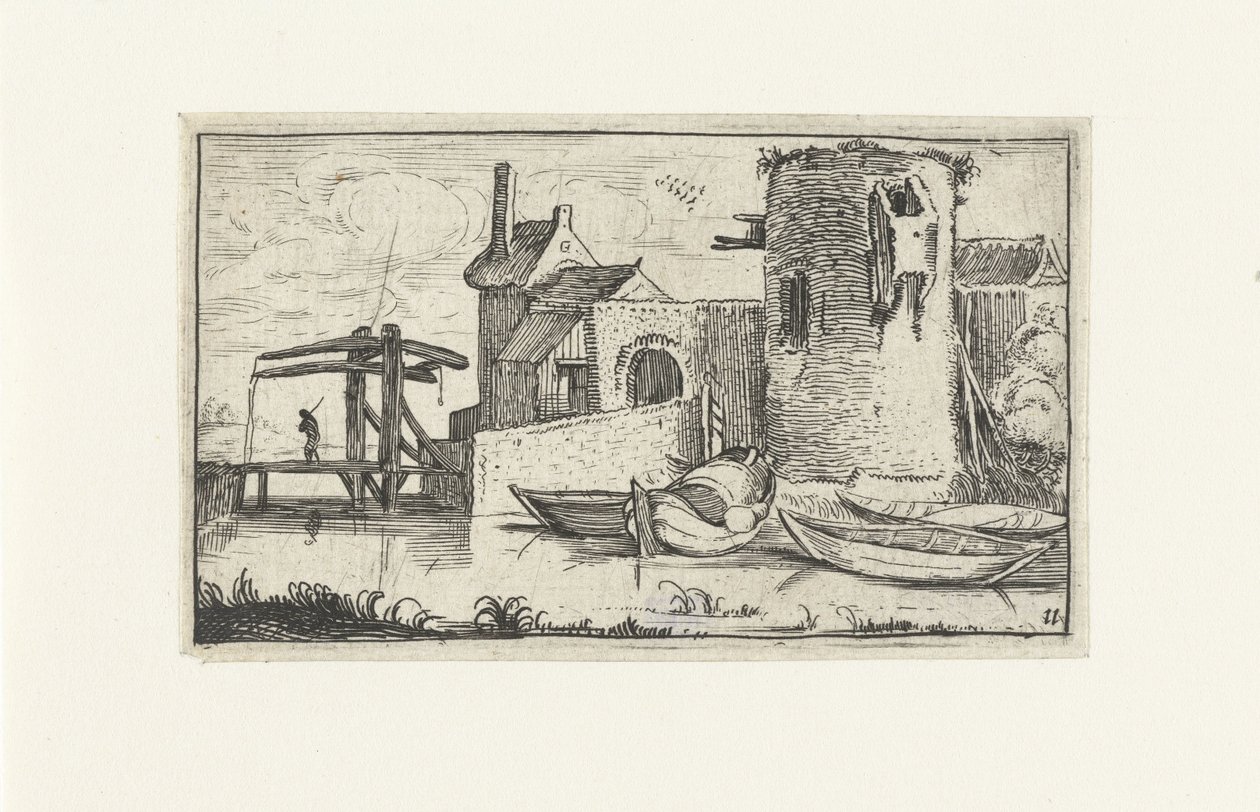 Building with Dilapidated Tower at a Drawbridge by Anonymous