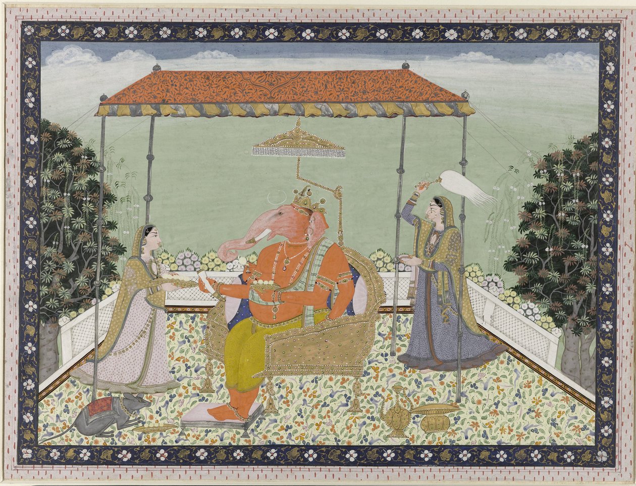 God Ganesa (Ganapati) with Elephant Trunk with His Two Attendants Siddhi and Buddhi Seated Under a Canopy by Anonymous
