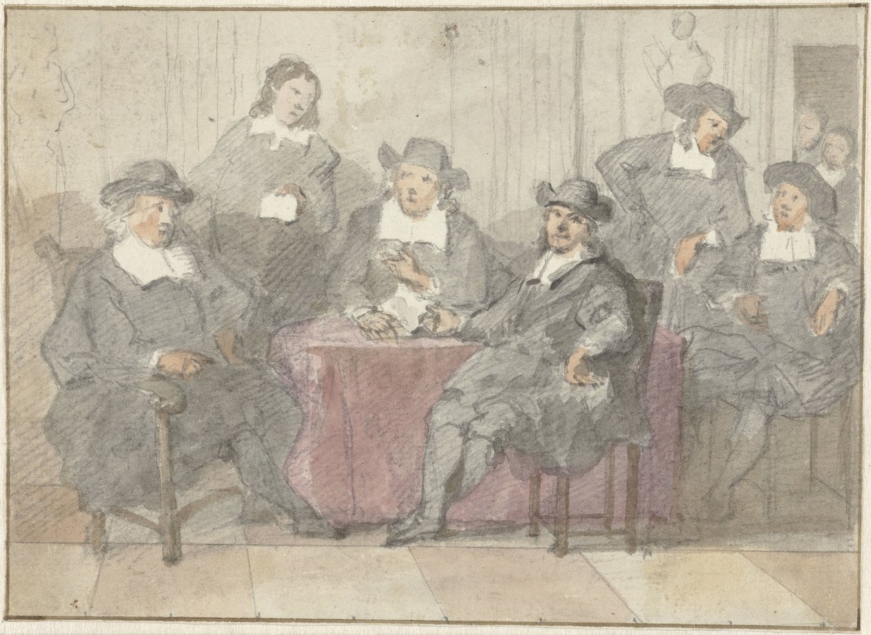 Group Portrait of Six Gentlemen Sitting and Standing Around a Table by Anonymous