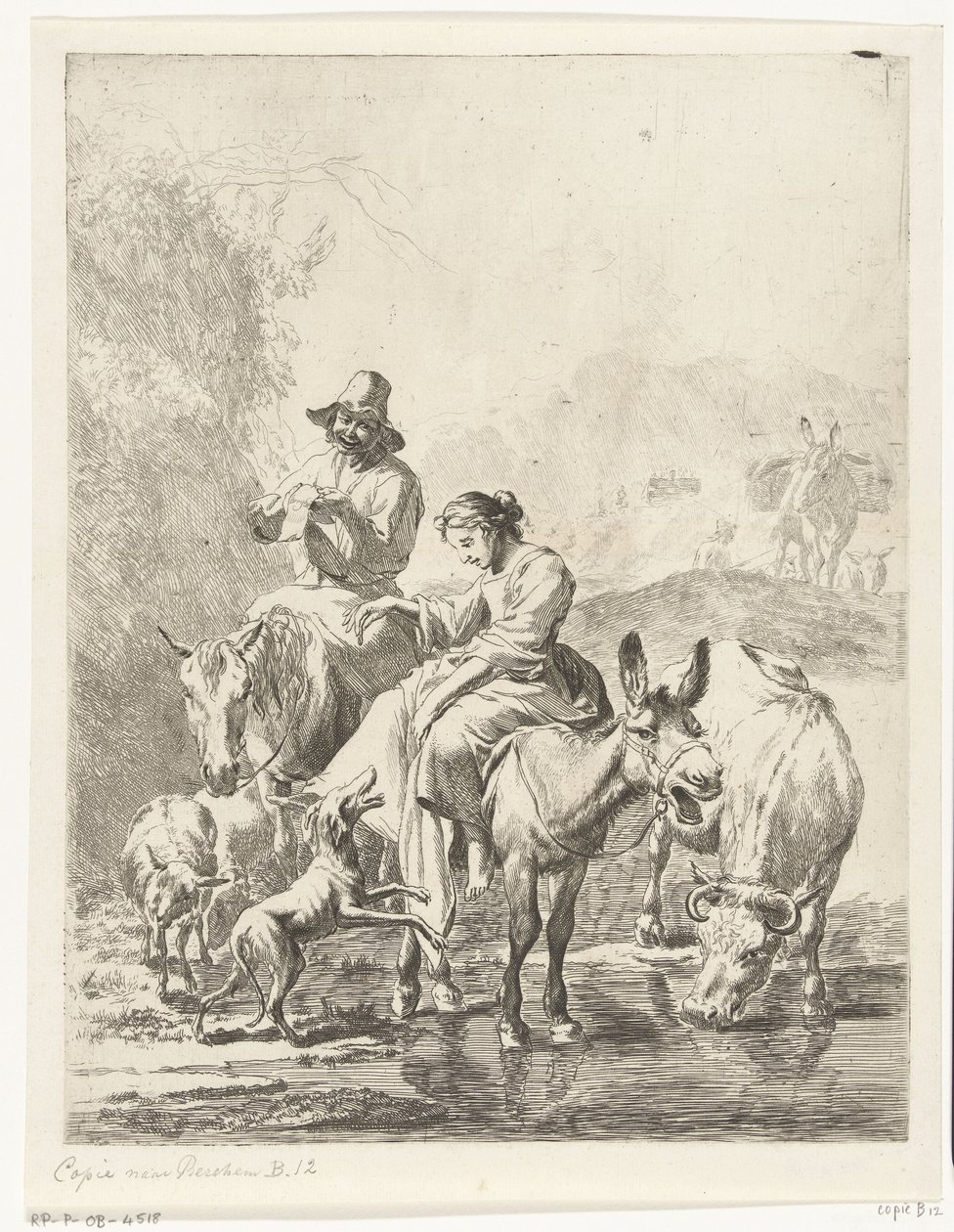 Shepherdess on Donkey and Shepherd on Horse Crossing a Stream by Anonymous