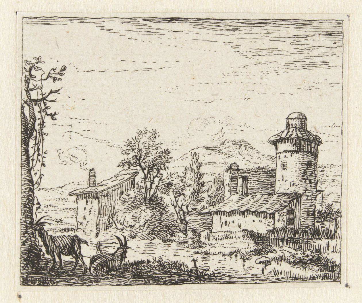 Italianate Landscape with Round Tower and Two Goats by Anonymous