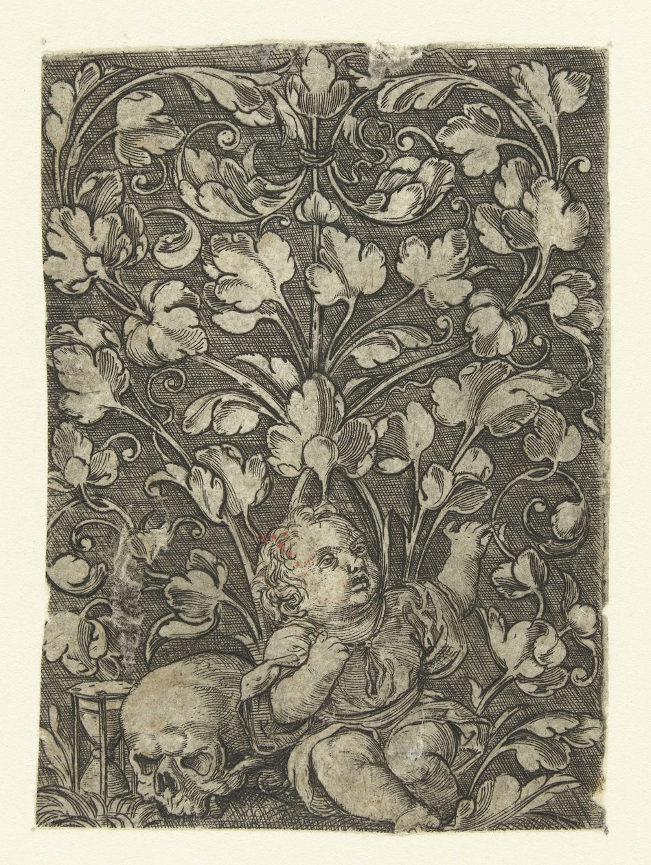 Child Next to a Skull (Flat Decorations with Foliage and Children series) by Anonymous