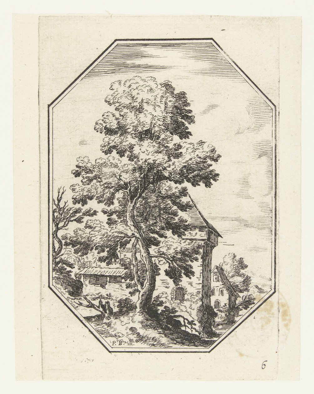 Landscape with Large Tree in Octagonal Frame (Octagonal Landscapes) by Anonymous