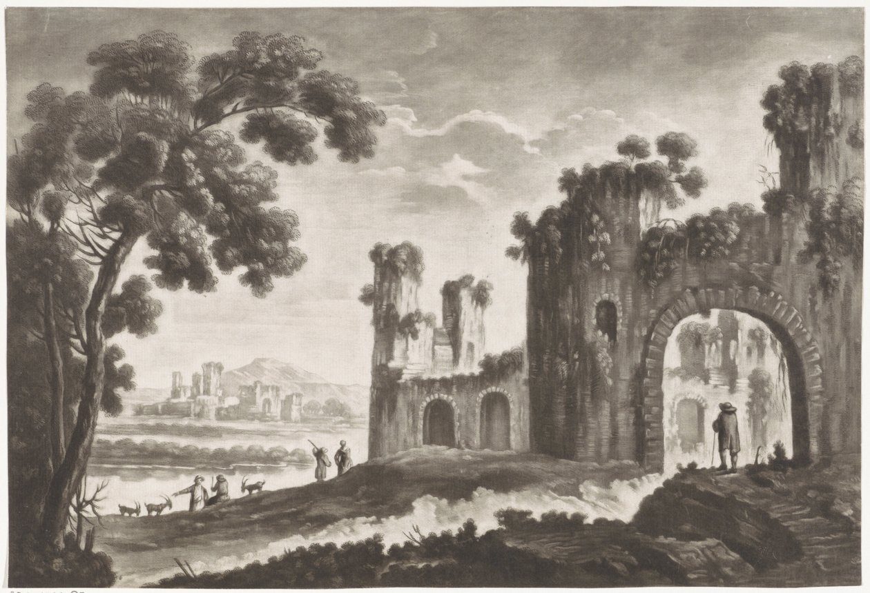Landscape with Ruins, Shepherds, and Walkers by Anonymous