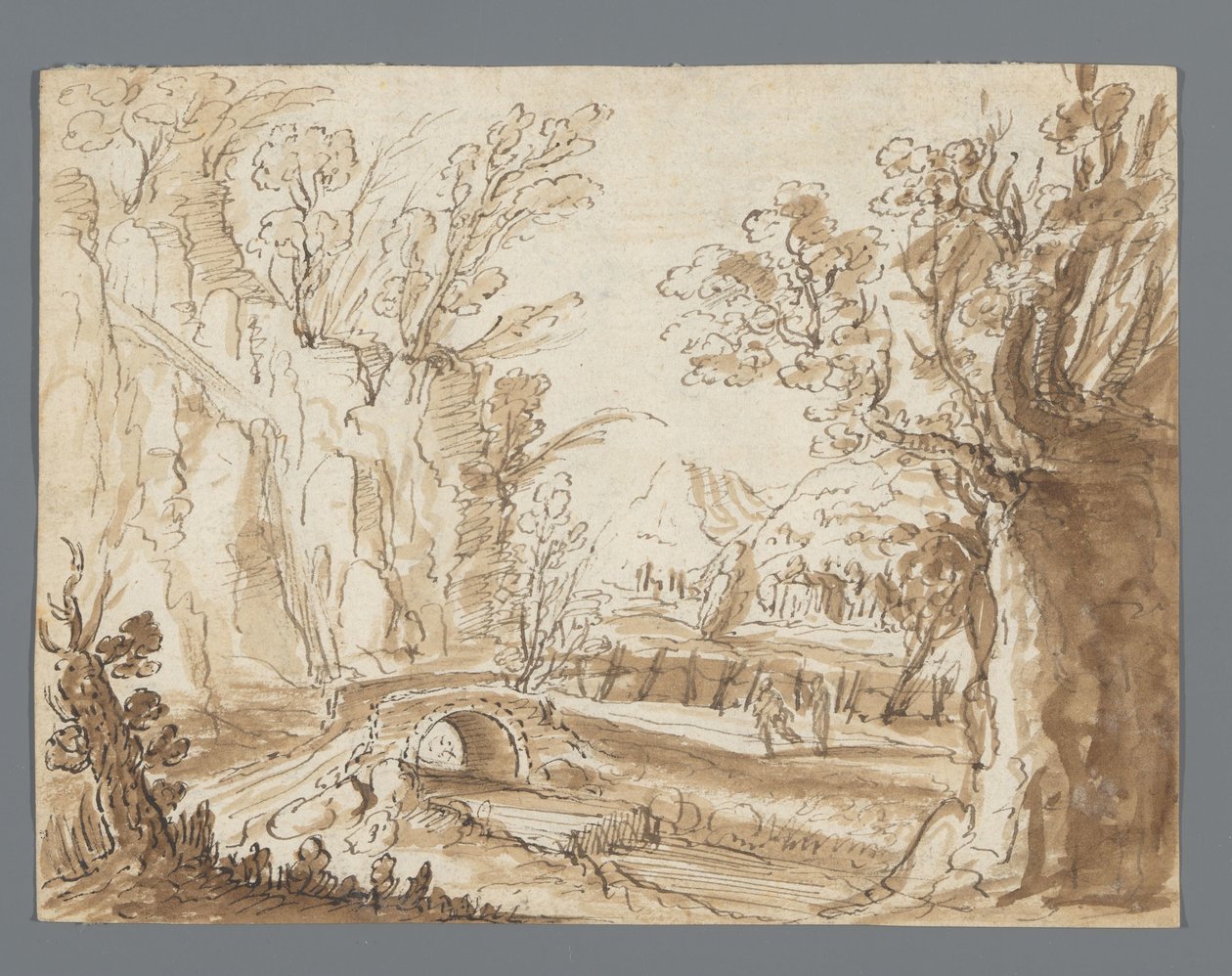 Landscape with Two Figures on a Road Before a Stone Bridge by Anonymous