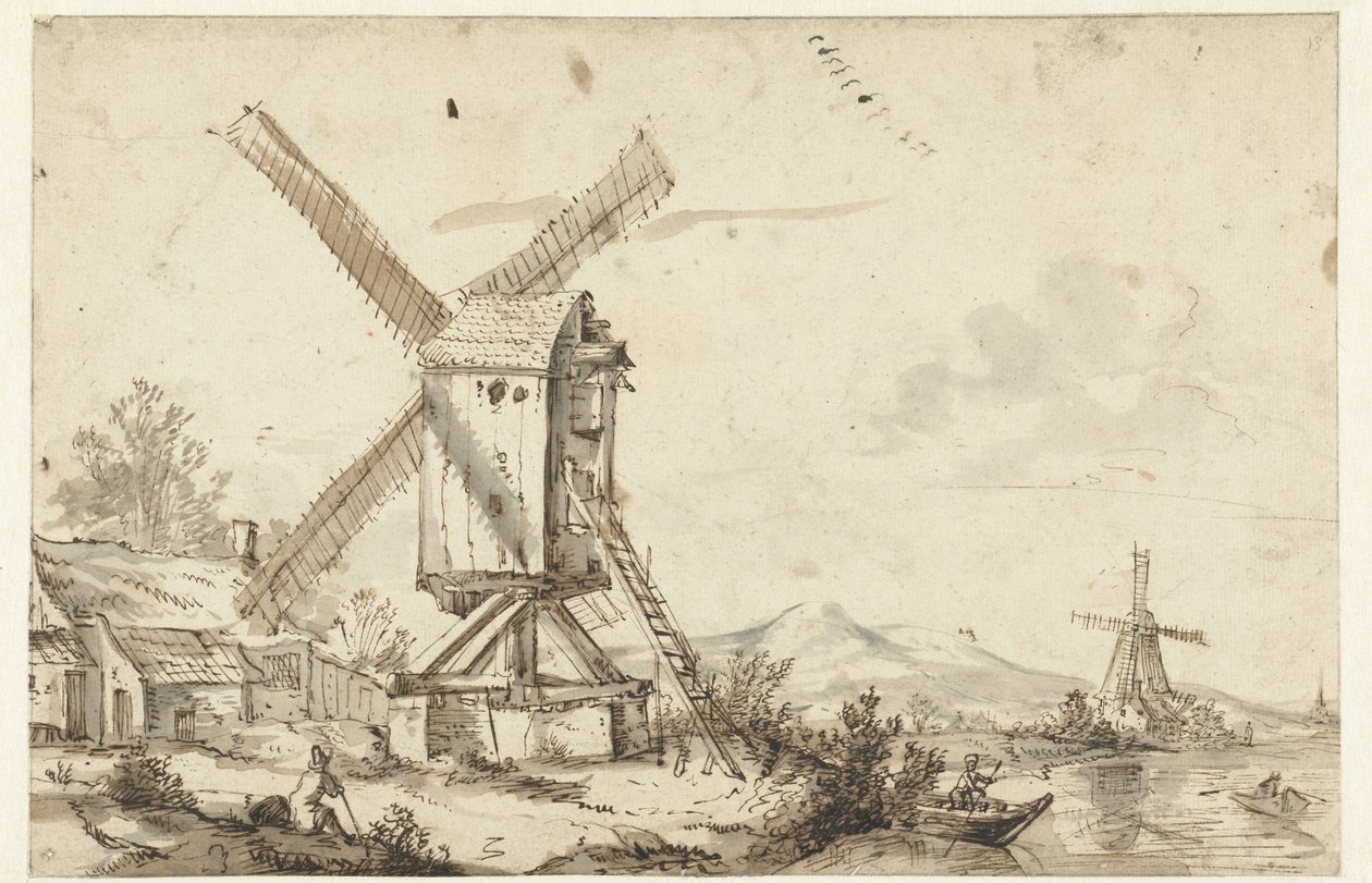 Landscape with Two Windmills by Anonymous