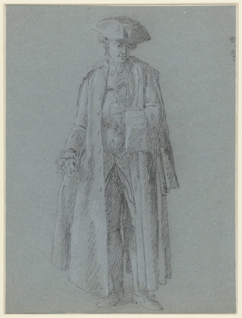 Man with tricorn hat in a very long coat, one hand in his vest by Anonymous