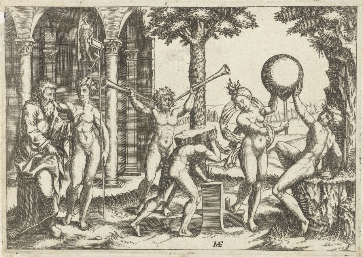 Man with Two Trumpets and Man with Stone on His Back Flanked by Man and Woman with Globe and Old and Young Man by Anonymous
