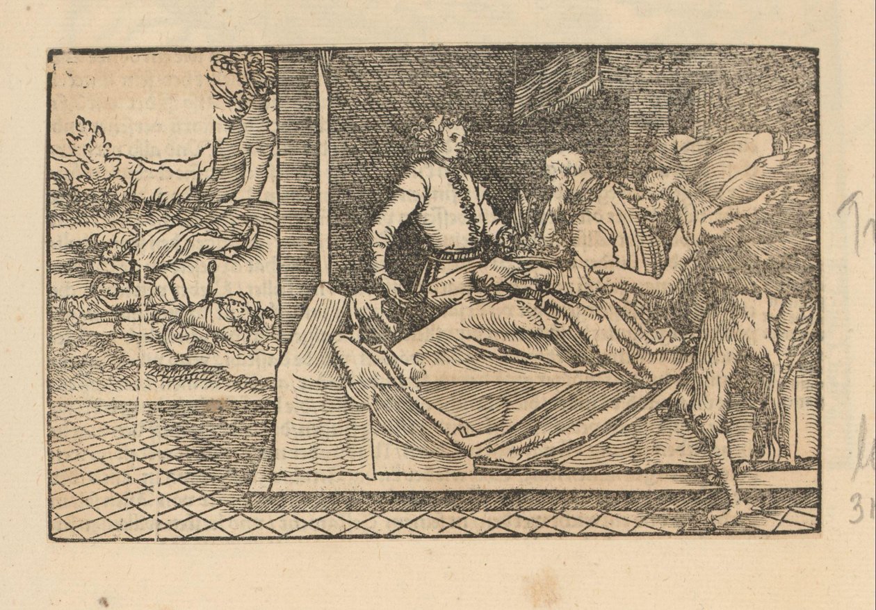 Man on His Deathbed, Held by a Devil, Passing His Crown to Another by Anonymous