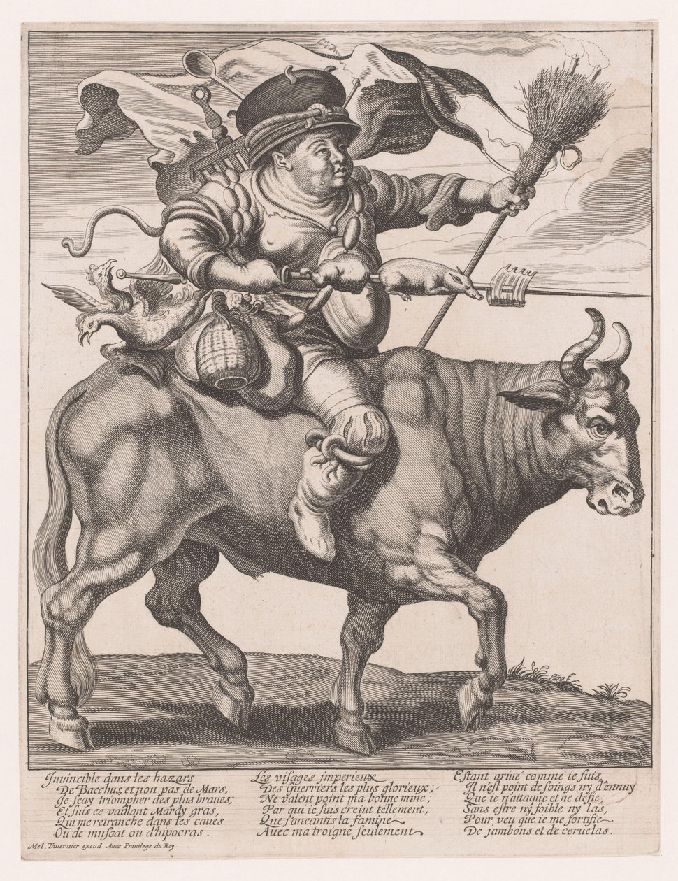 Man Overloaded with Household Goods Riding an Ox during Carnival by Anonymous