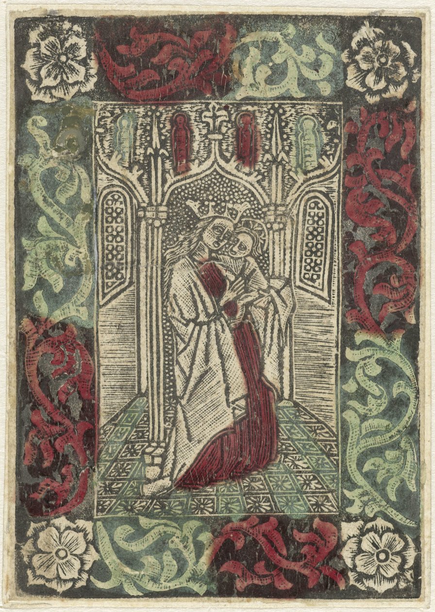 Mary with Child Standing Before Gothic Architecture in Rectangular Frame with Leaf Motif Decoration by Anonymous