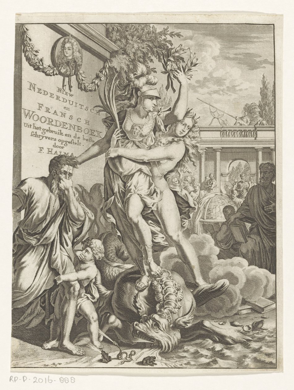 Minerva Trampling a Fire-Breathing Sea Monster (Title Page for: François Halma, Dictionary of the Dutch and French Languages, 1710) by Anonymous