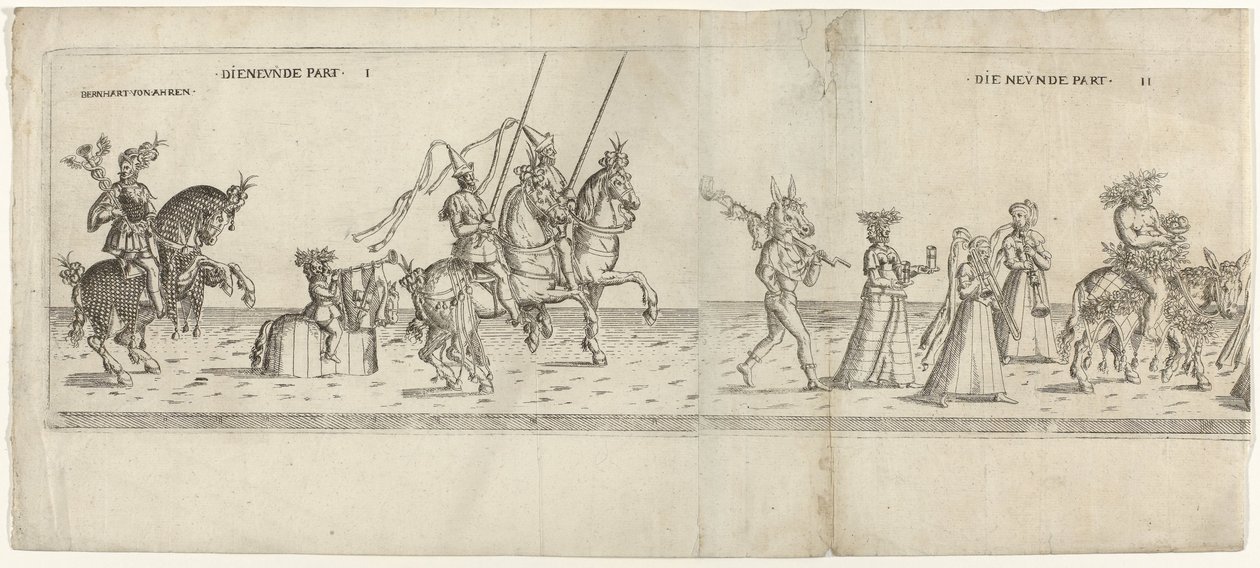 Parade with Costumed Characters, Including Rider Bernhart von Ahren, a Donkey with a Spit, Janus, Bacchus on a Donkey, and Two Musicians by Anonymous