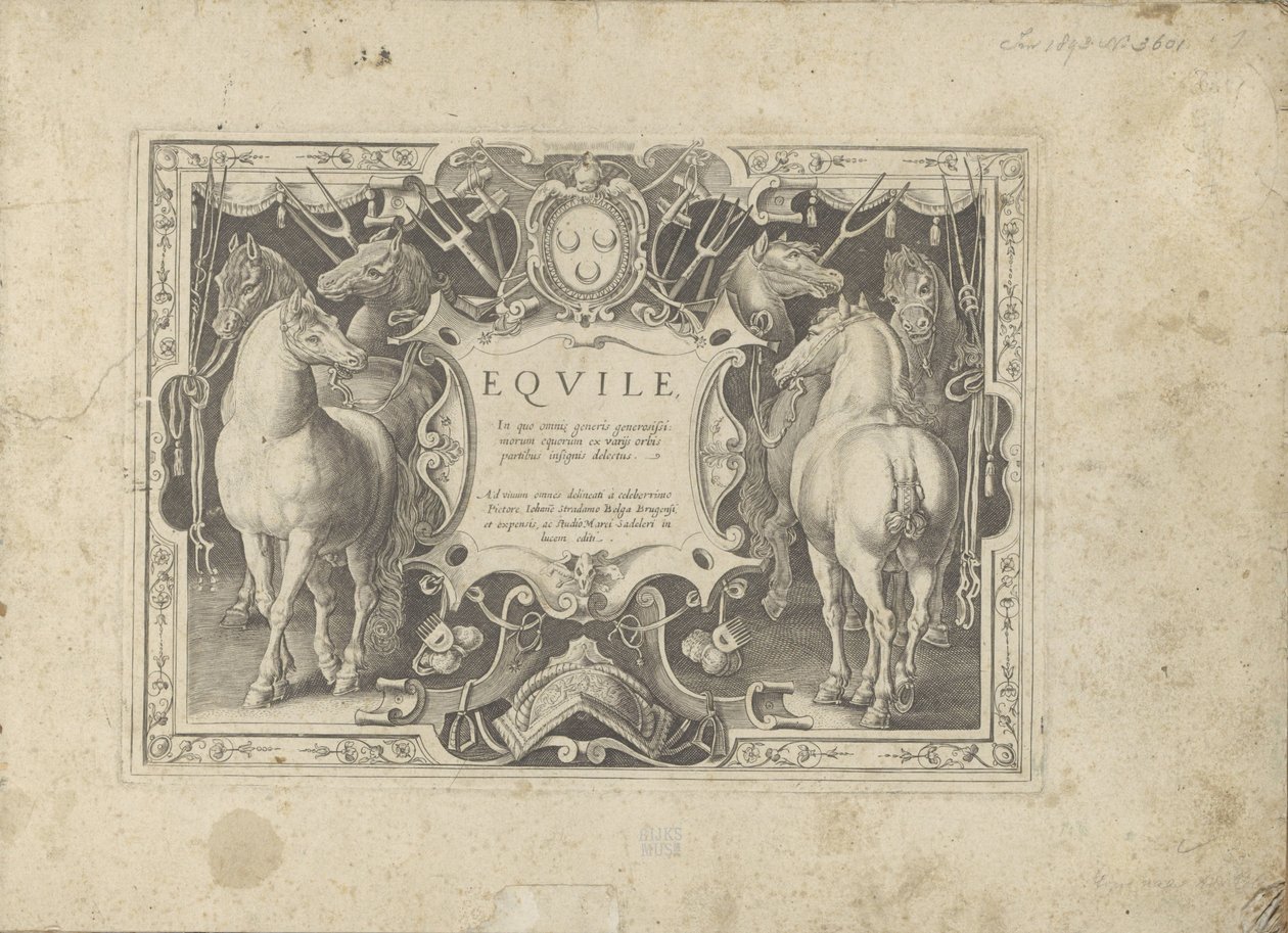 Ornamental Cartouche with Title Flanked by Horses by Anonymous