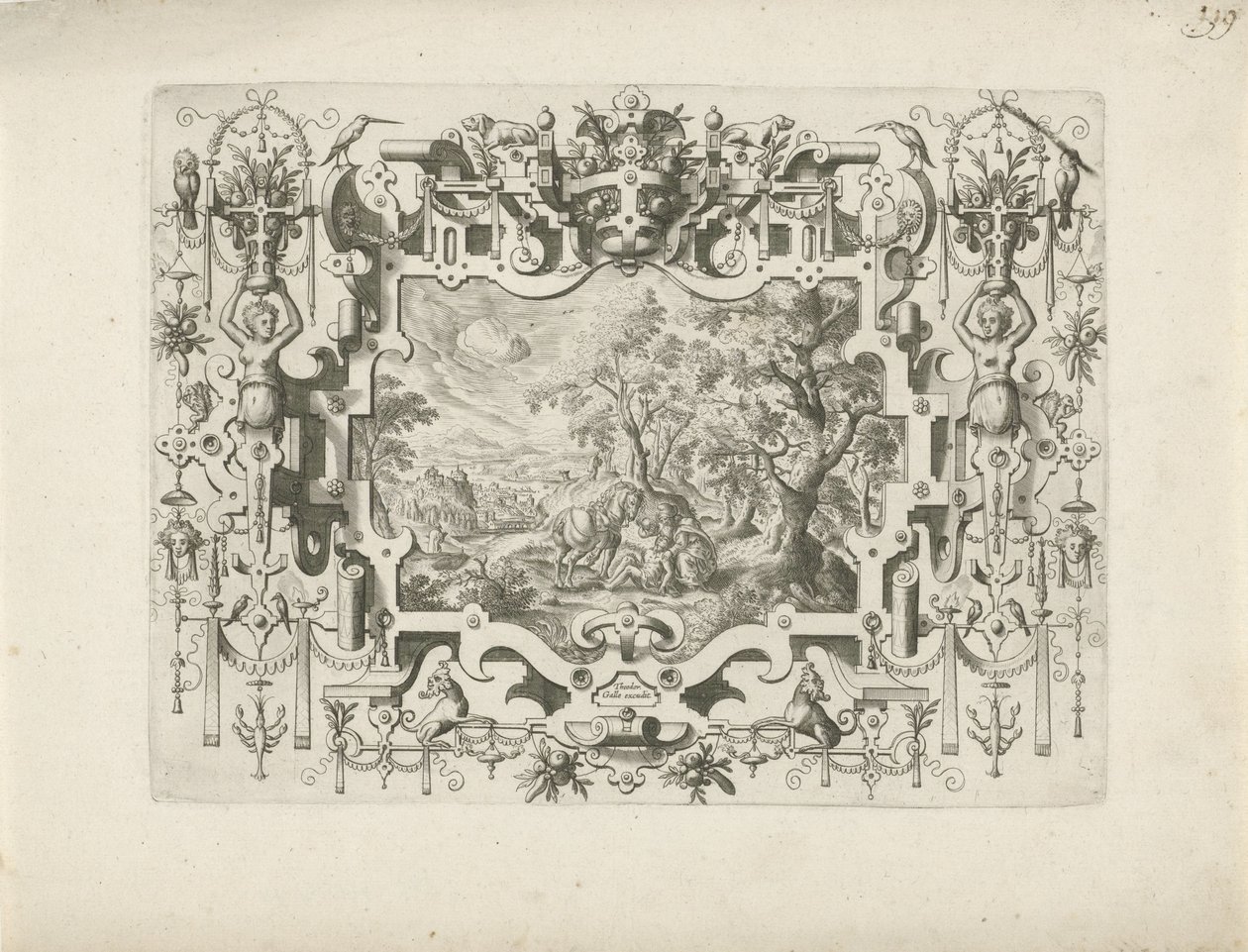 Ornamental Frame with Figures and Landscape of the Good Samaritan by Anonymous
