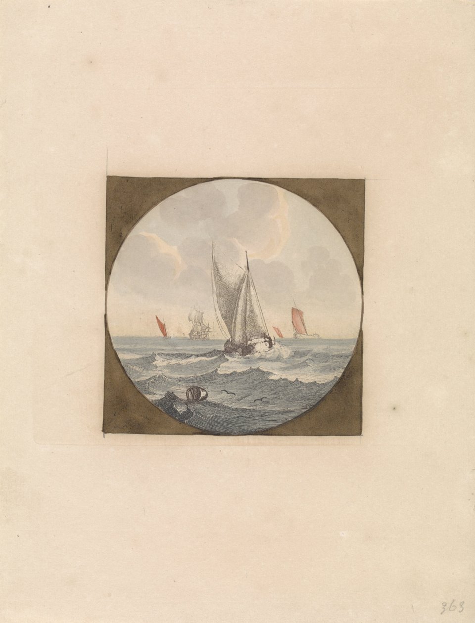 Flat-bottomed Boat with White Sails (series title: Ships at Sea, Series B) by Anonymous