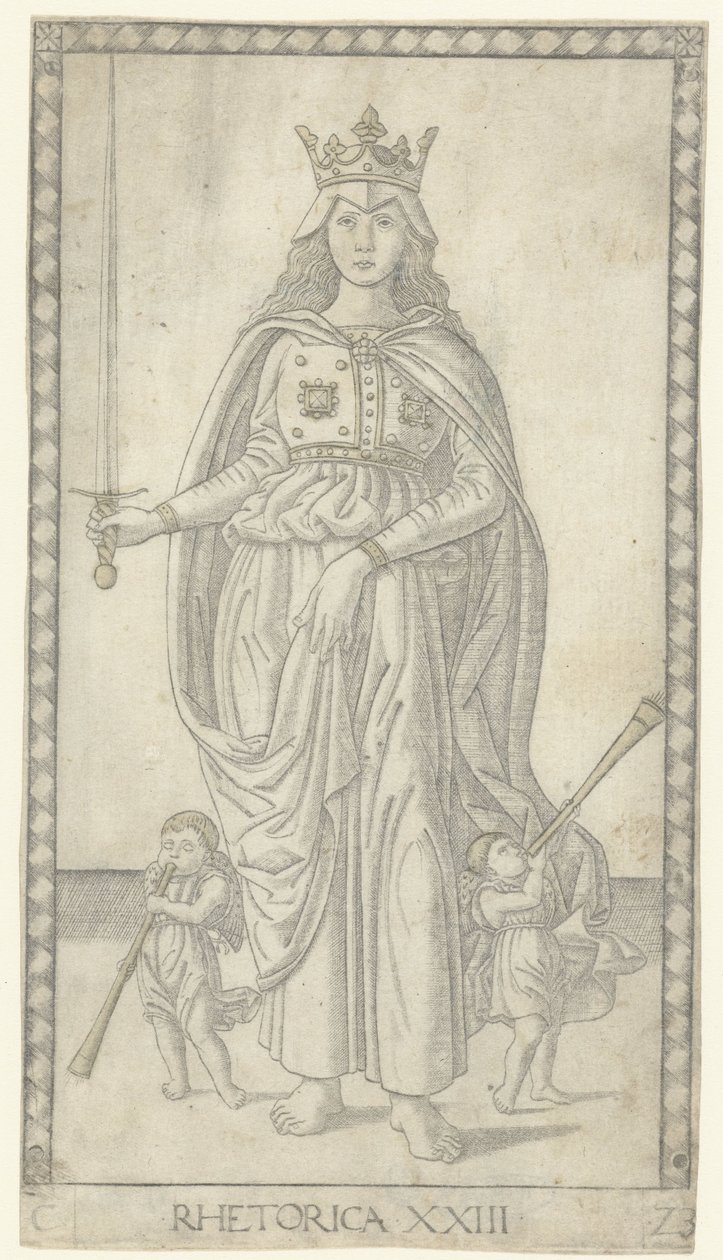 Rhetoric with Sword and Two Small Angels with Trumpets (series title: Tarocchi) by Anonymous