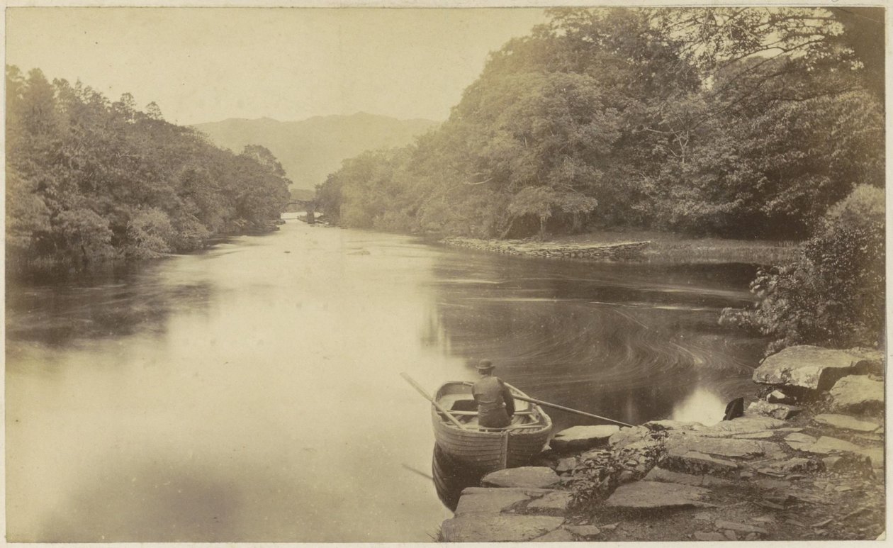 River Landscape in England, with a Man in a Rowboat in the Foreground by Anonymous