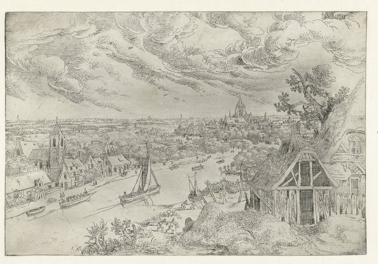 River Landscape with Towboat and Net Fishermen (Seven Landscapes series) by Anonymous