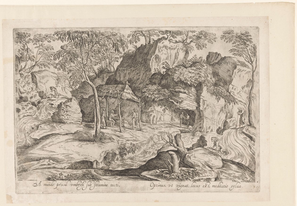 Rocky Landscape with Roof on Poles and Lion on the Right (Landscapes after Domenico Campagnola) by Anonymous