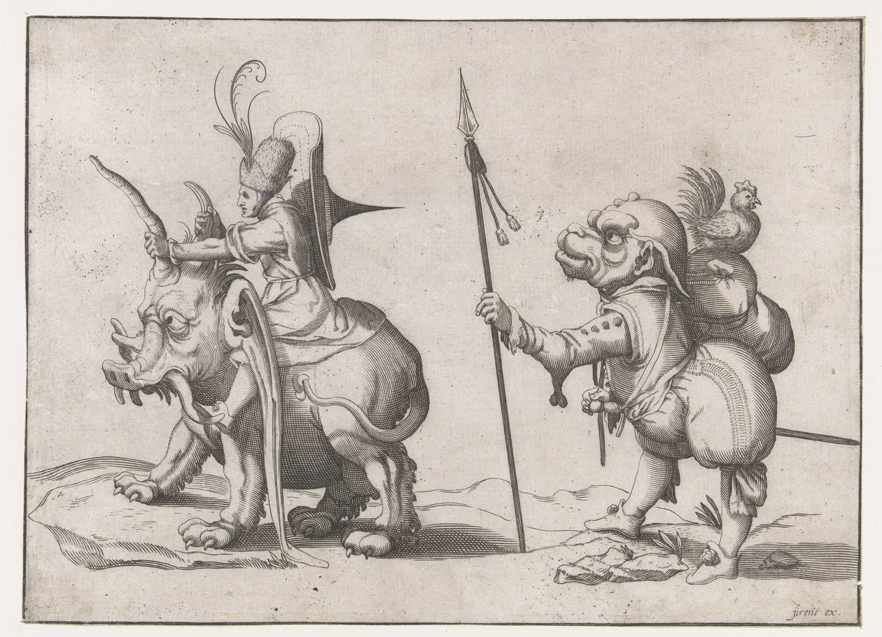 Rider on an Elephant-like Monster (Grotesque Figures Surrounded by a Frame Line) by Anonymous