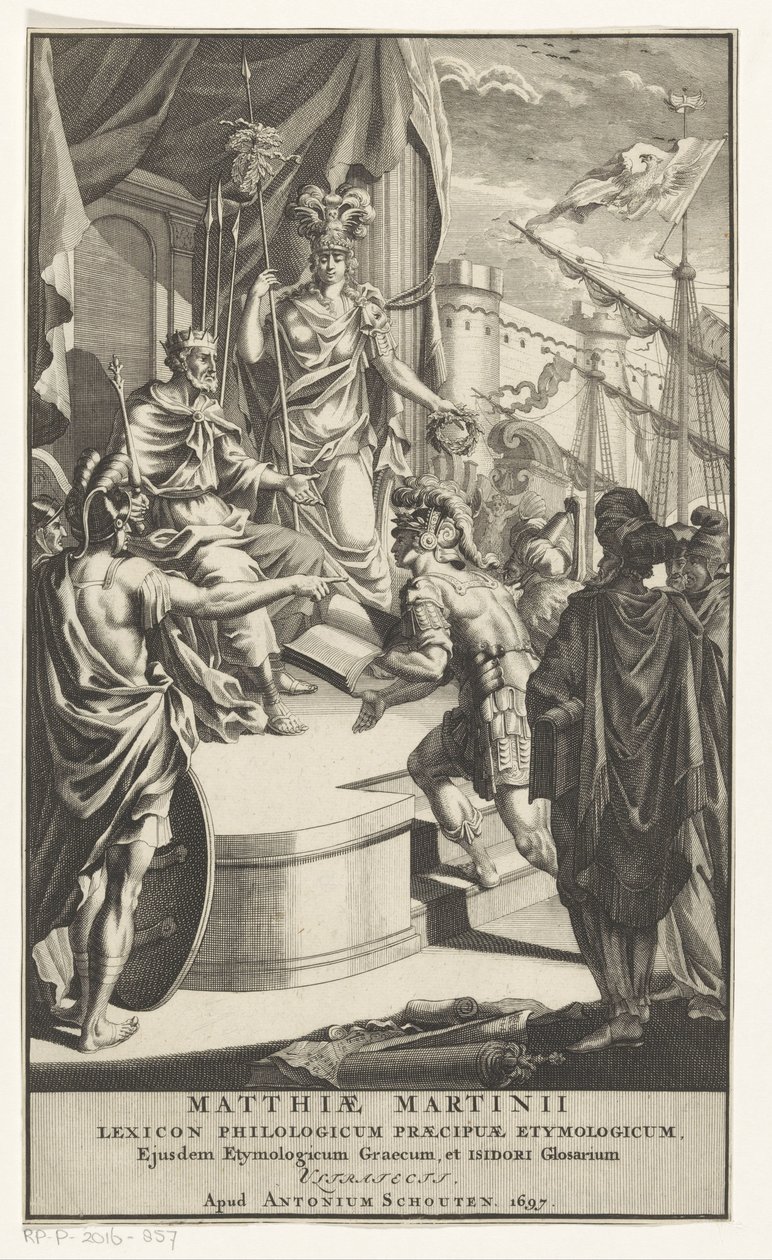 Soldier Presenting a Book to the King (Title Page for: Matthias Martinius, Lexicon philologicum praecipuae etymologicum, 1697) by Anonymous
