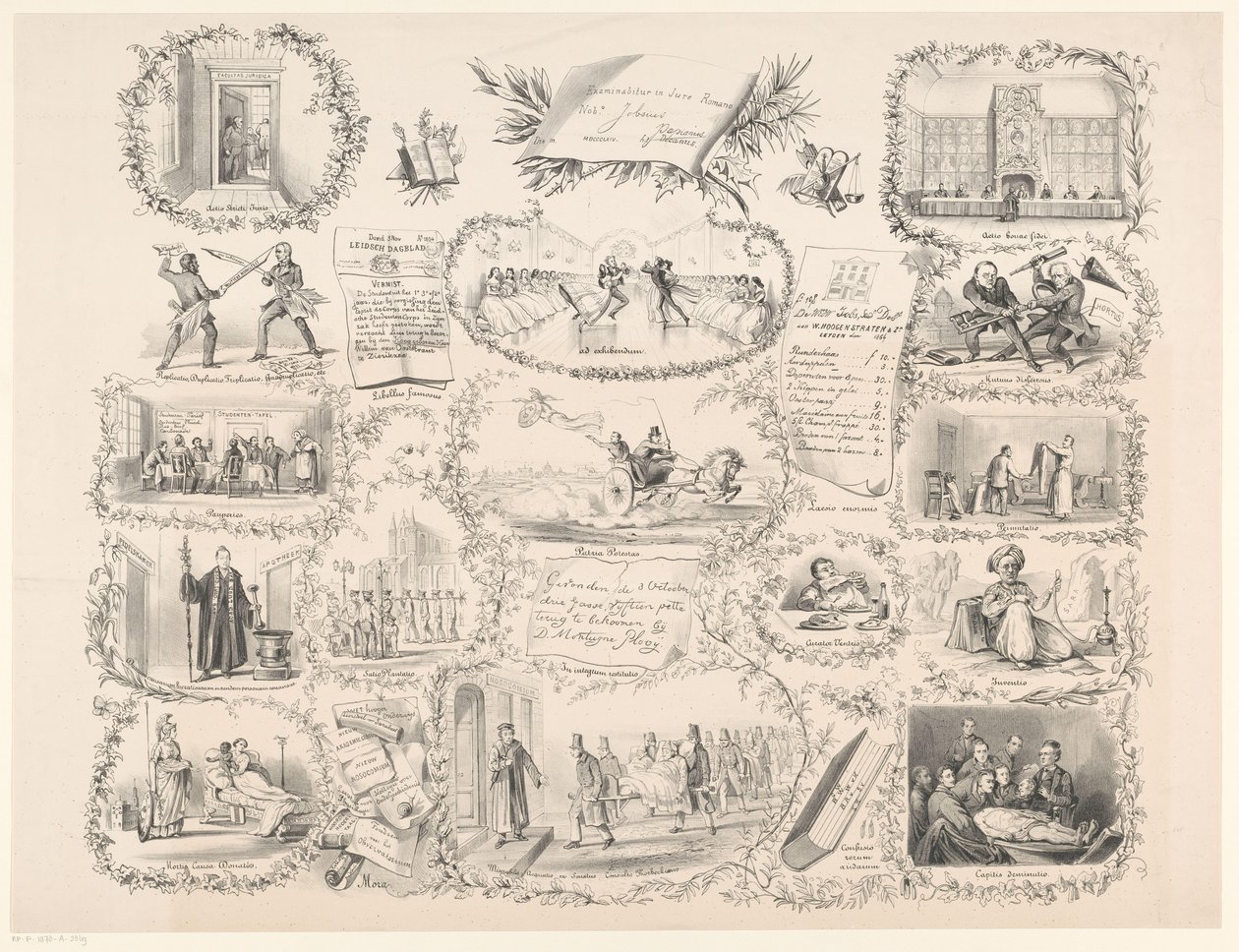 Caricature with Scenes from Student Life (Examinabitur in Jure Romano) by Anonymous