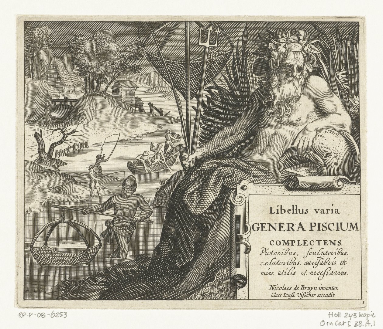 Title Page with Title and River God with Trident and Fishing Net in Landscape with Fishermen by Anonymous