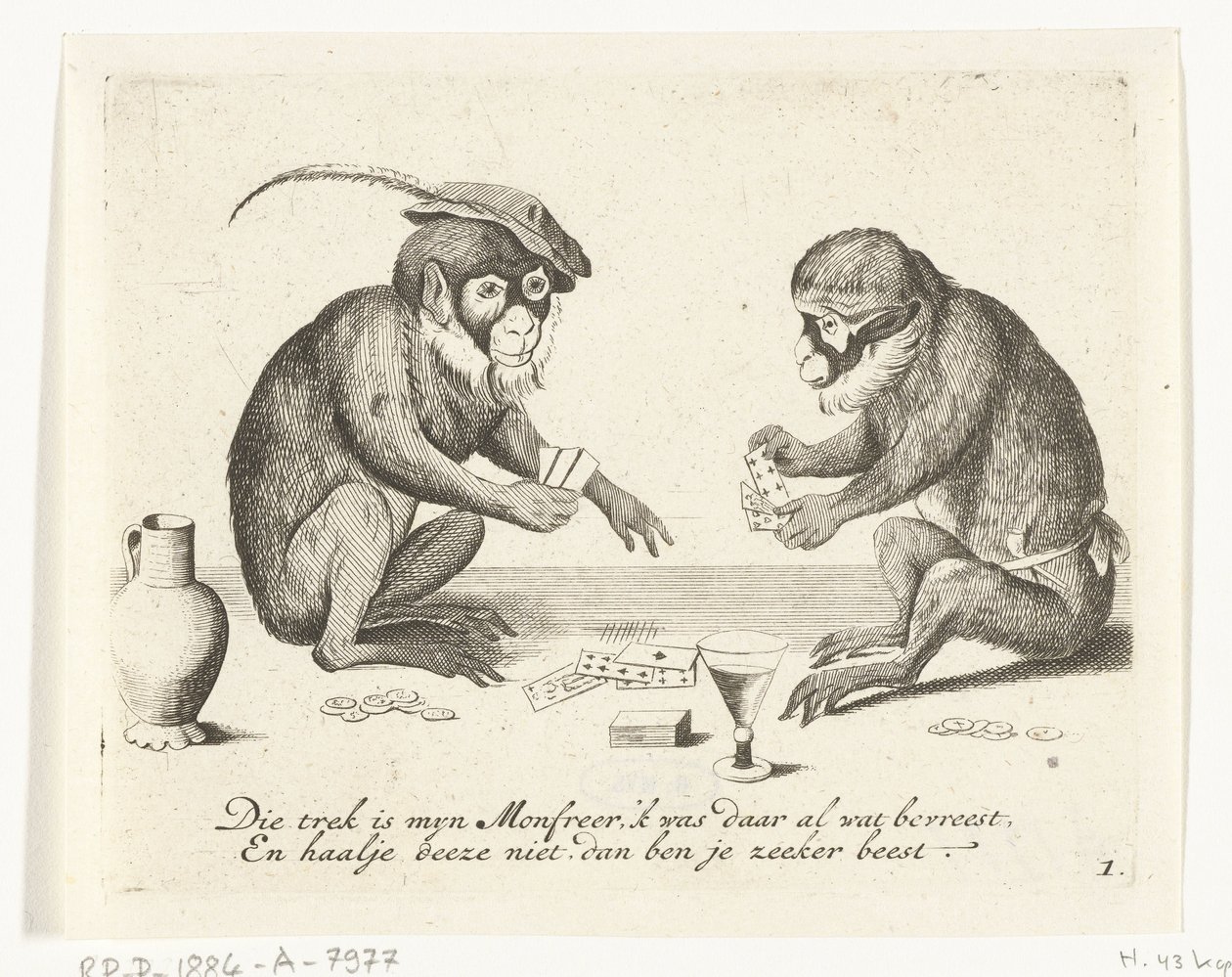 Two Monkeys Playing Cards by Anonymous