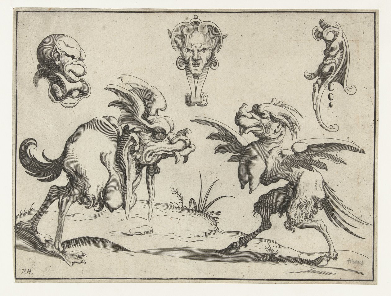 Two Monsters with Three Masks Above (Grotesque Figures) by Anonymous