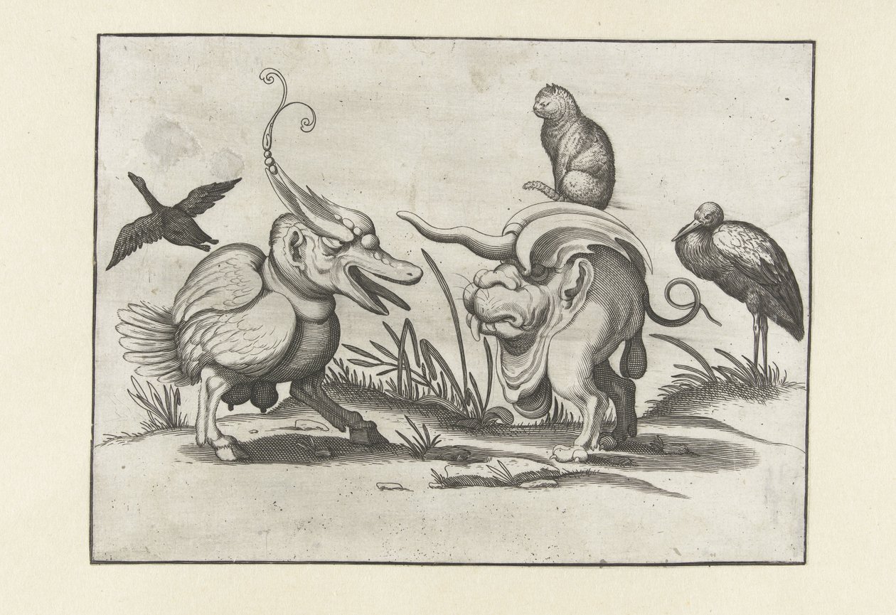 Two Monsters with Cat, Goose, and Stork by Anonymous