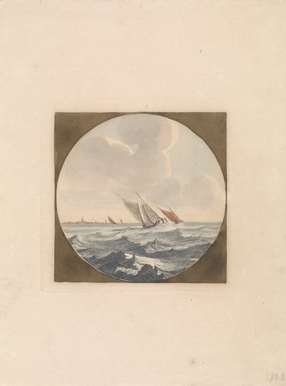 Two Sailing Ships at Sea and a City on the Coast (Schepen op zee, serie B) by Anonymous