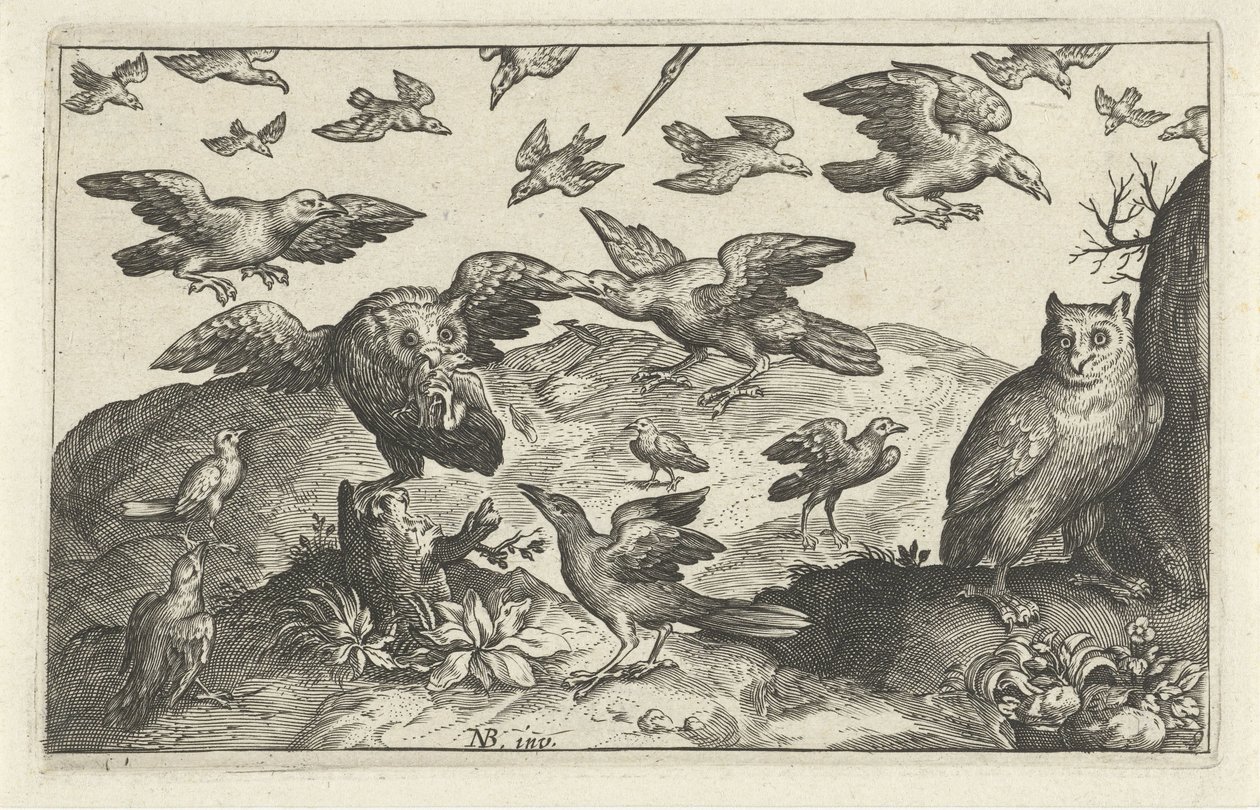 Owl with Prey Attacked by Other Birds (Birds and Insects series) by Anonymous
