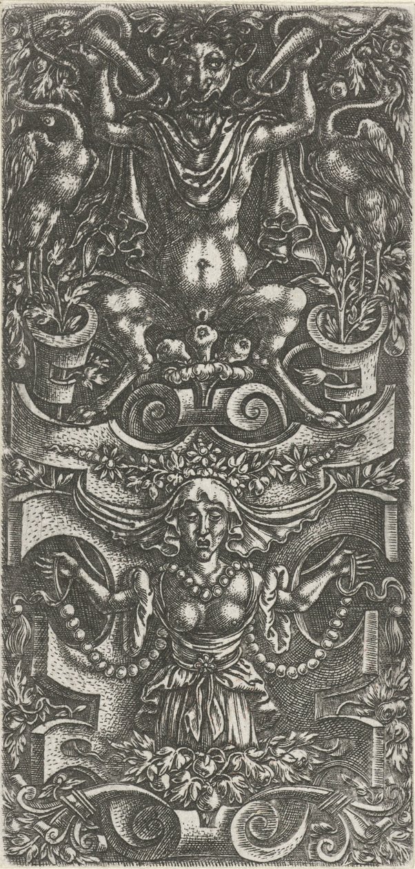 Woman with a Headscarf and a Garland of Beads in Front of a Rollwork Construction (Flat Decorations with Grotesques in Rollwork) by Anonymous