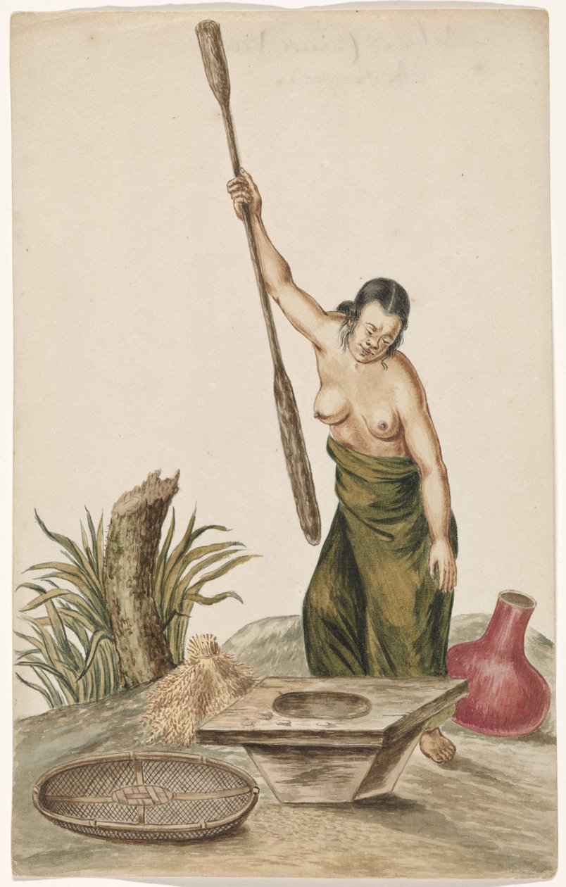 Woman with Rice Pounder, Rice Block, Sieve, and Jug by Anonymous