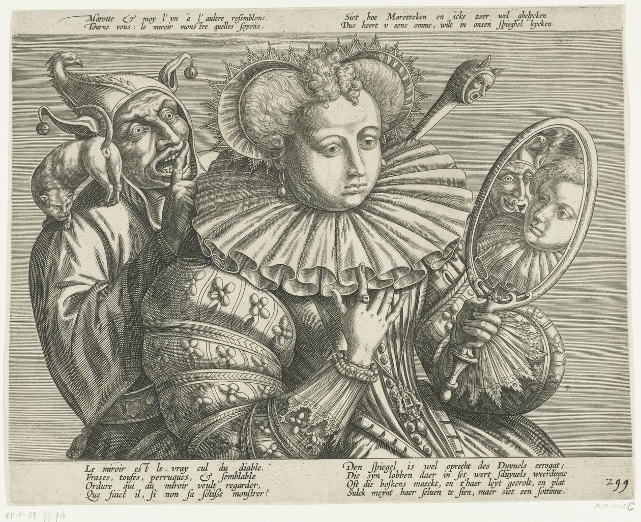 Woman with Mirror and Jester: Satire on the Expensive Stiff Ruffled Collar, ca. 1600 by Anonymous