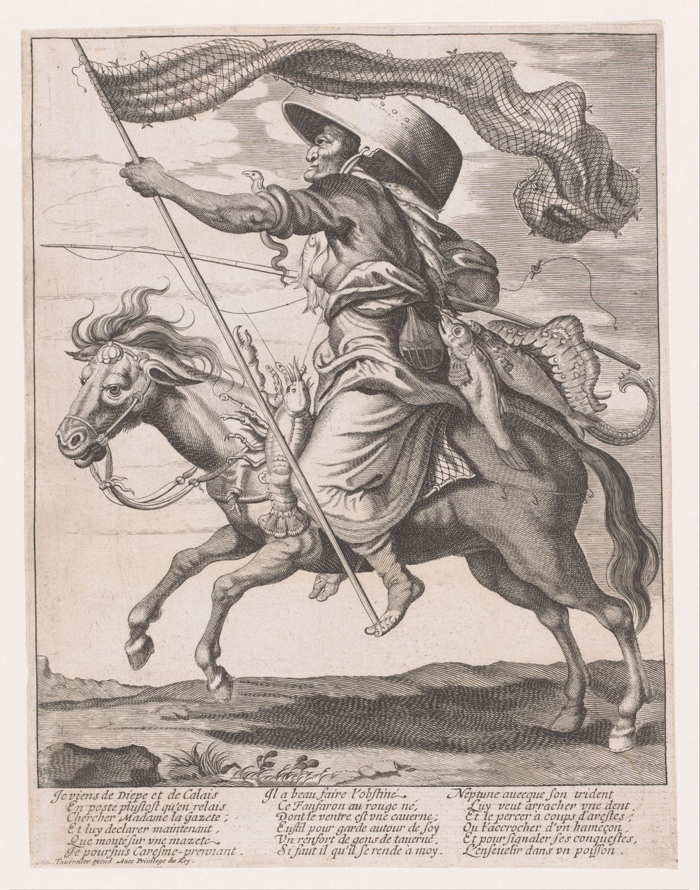 Woman on a Horse Decorated with Fish and a Fishnet as a Banner for Carnival by Anonymous