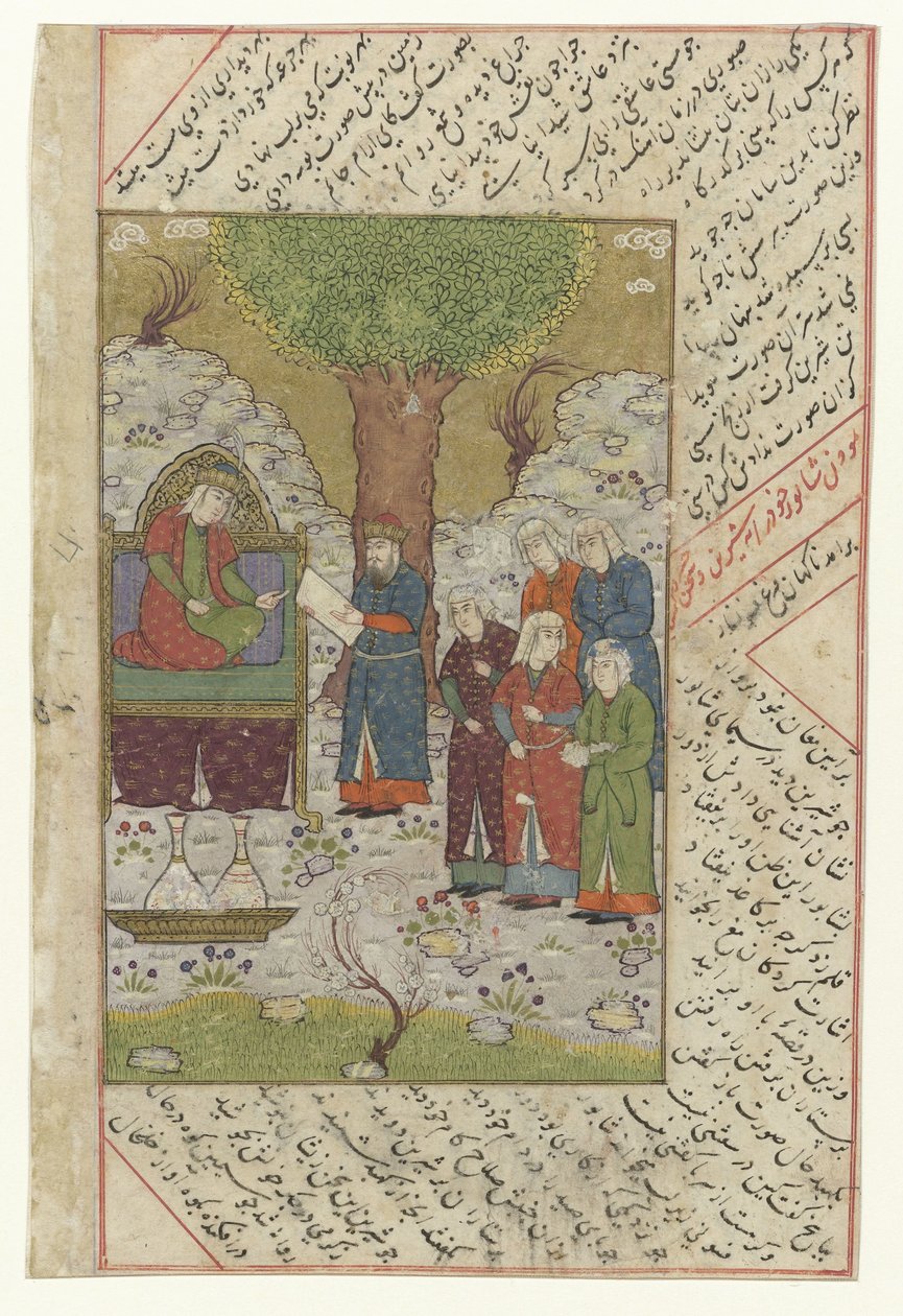 Woman on a Throne Speaking to a Man, Five Maidservants Behind Him (series: Five Illustrations of Kamsa by Nizami) by Anonymous