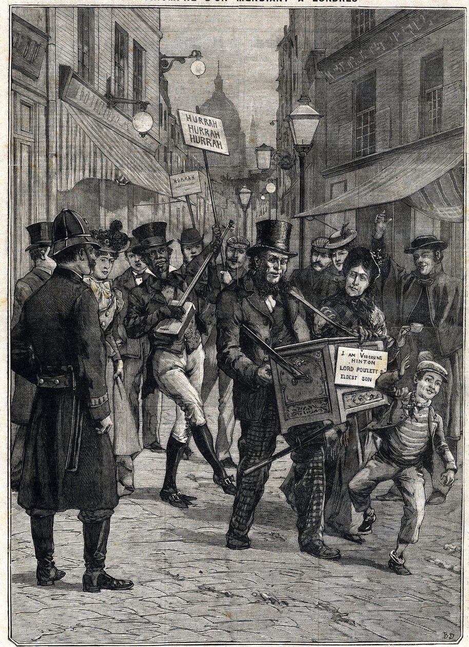 A beggar called Viscount Hinton, a barbarous organ player in the streets of London, became a millionaire after the death of his father Lord Poulett, who leased him his fortune. Engraving. In 