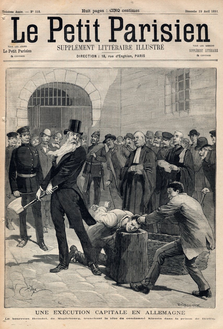 A capital execution in Germany. Executioner Friedrich Reindel (1824-1908) of Magdeburg, cutting the head of the convict Klausin in Berlin prison. Engraving in 