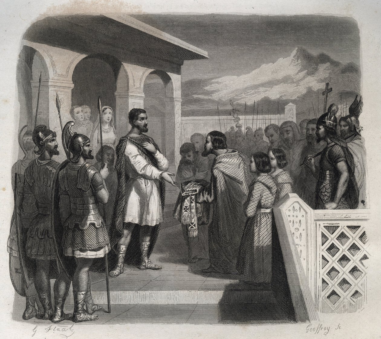 A Deputation of the City of Clermont Offers the Episcopate to Saint Sidoine Apollinar. Engraving from 1846 in 