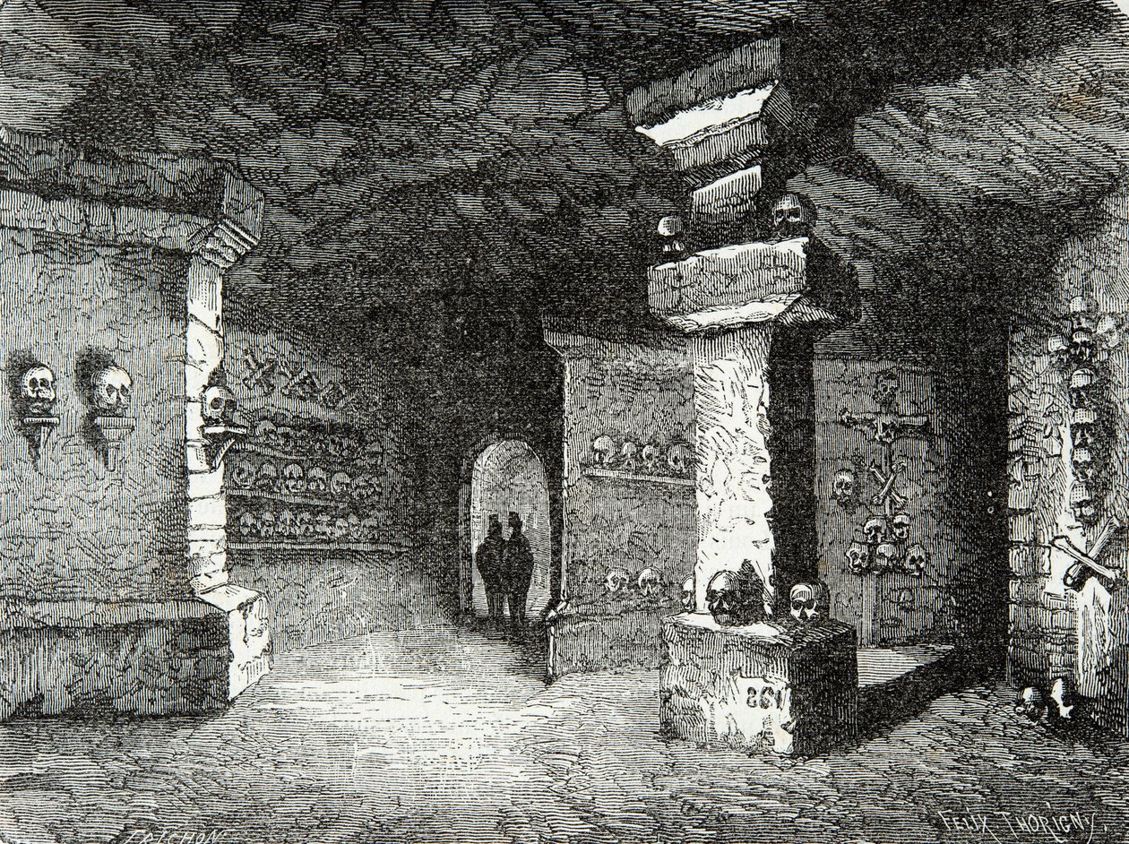 A gallery of catacombs in Paris, 19th century - Engraving - Private collection by Anonymous Anonymous
