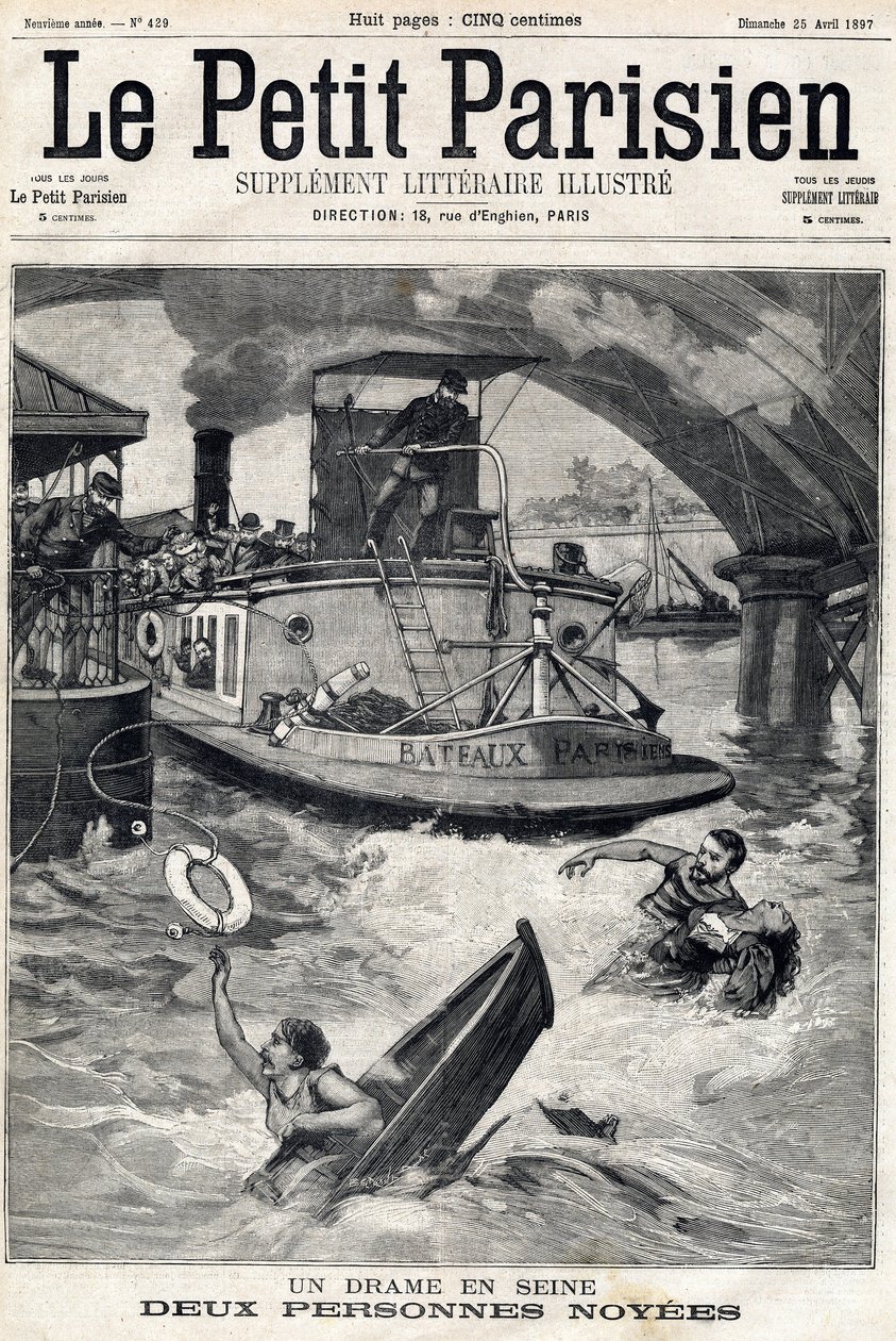 Accident in the Seine: two people in a drowned boat. In Le Petit Parisien on 25/04/1897 by Anonymous Anonymous