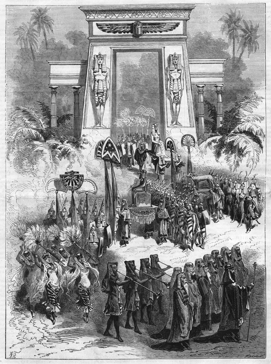 Act II of the piece, Aida. Grand opera in four acts and seven paintings by Giuseppe Verdi plays at the Italian theatre in Paris. Engraving in 