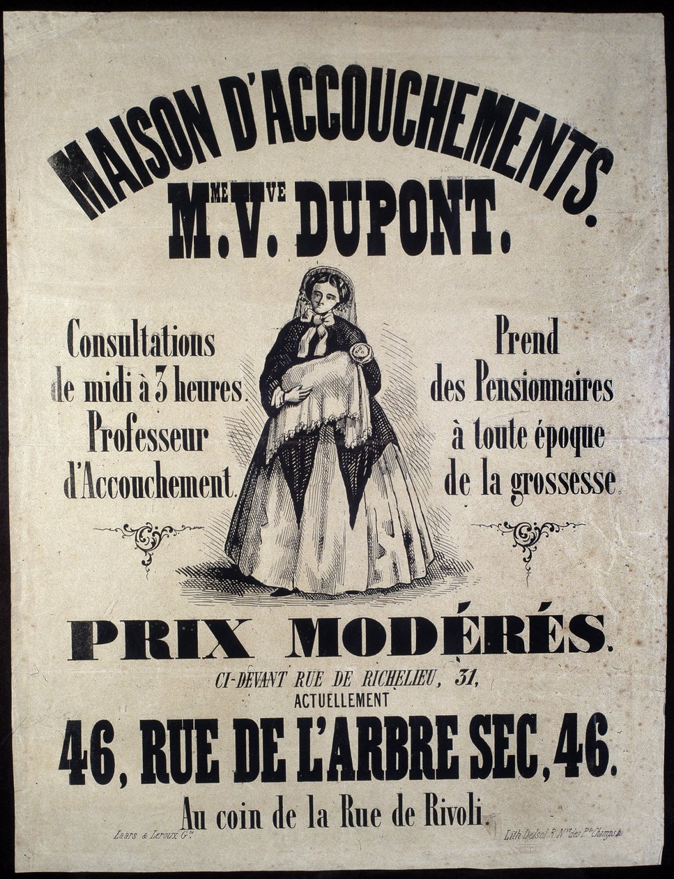 Advertising for a Birth Home in Paris in 1850. Madame Dupont, Low Prices at 46 Rue de l